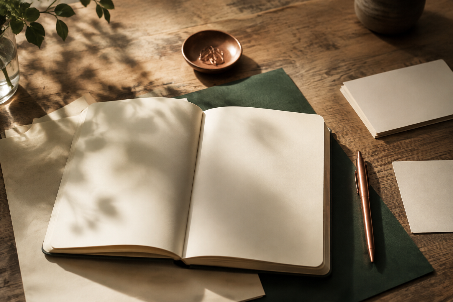 Cuaderno abierto, papel y detalles cobre sobre una mesa con luz natural; imagen editorial creada con IA